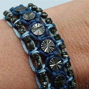 ROSE GONZALES Blue Wide Macreme String Bracelet w/Black Crystals & Silver Discs